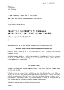 Zahteva za odpravo nerpravilnosti pri opravljanju izvršbe zaradi preživljanja družinskih članov ali oseb, ki jih je dolžnik dolžan preživljati